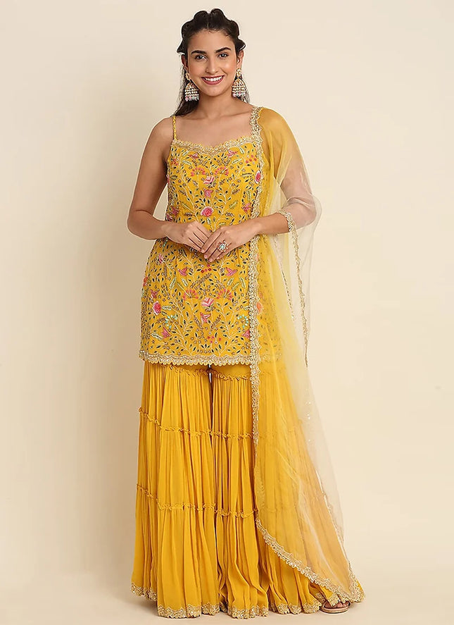Georgette Embroidered Sequins Sharara Suit In Yellow For Women With Dupatta Party Wear