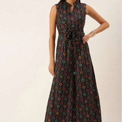 Blue Foil Print Rayon Collar Neck Jumpsuit After Six Wear