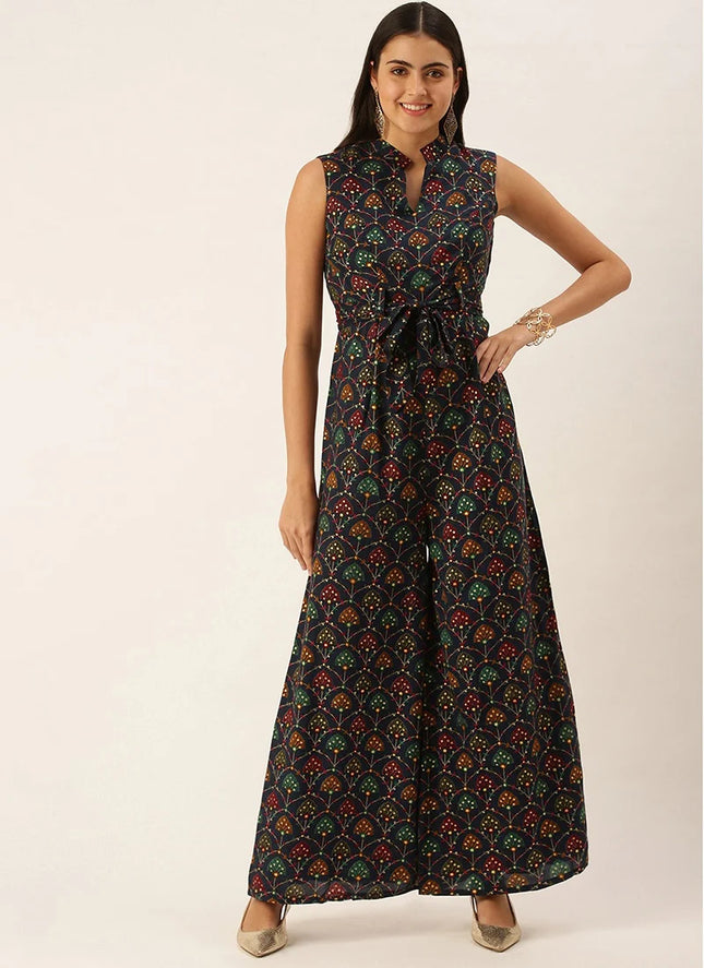 Blue Foil Print Rayon Collar Neck Jumpsuit After Six Wear