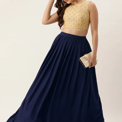 Navy Blue Rayon Pleated Skirt Festive Wear