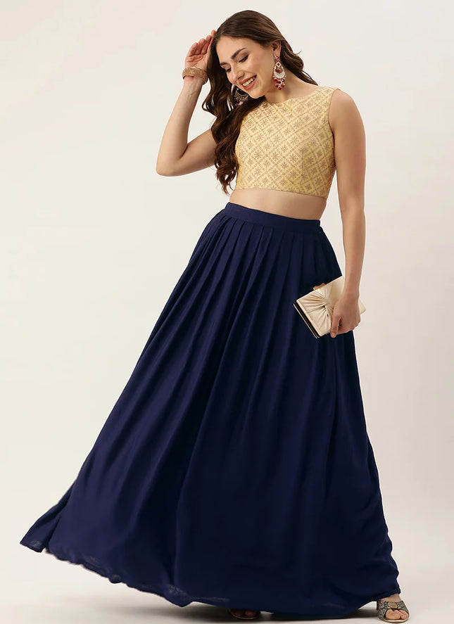 Navy Blue Rayon Pleated Skirt Festive Wear