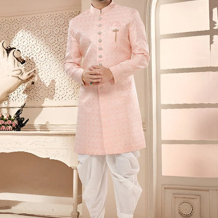 Pink Silk Jacquard Woven Classic Sherwani Dhoti Style Pants Wedding Wear