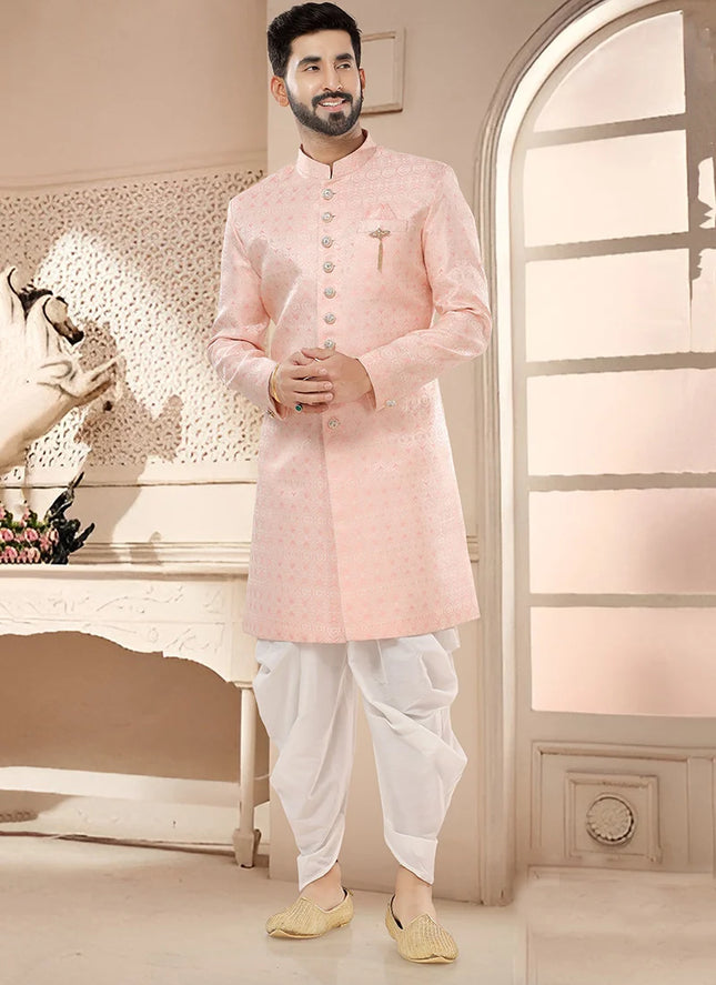 Pink Silk Jacquard Woven Classic Sherwani Dhoti Style Pants Wedding Wear