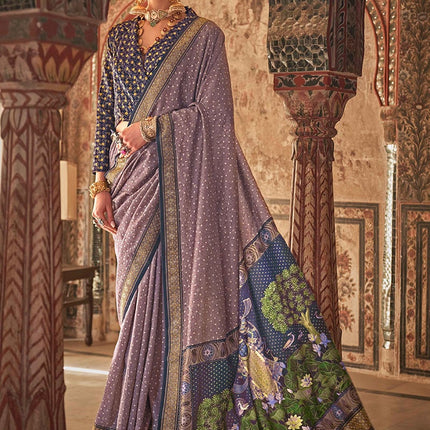 Ethnic Charm Lilac Viscose Silk Saree With Rajwadi Pattern Prints Festive Wear