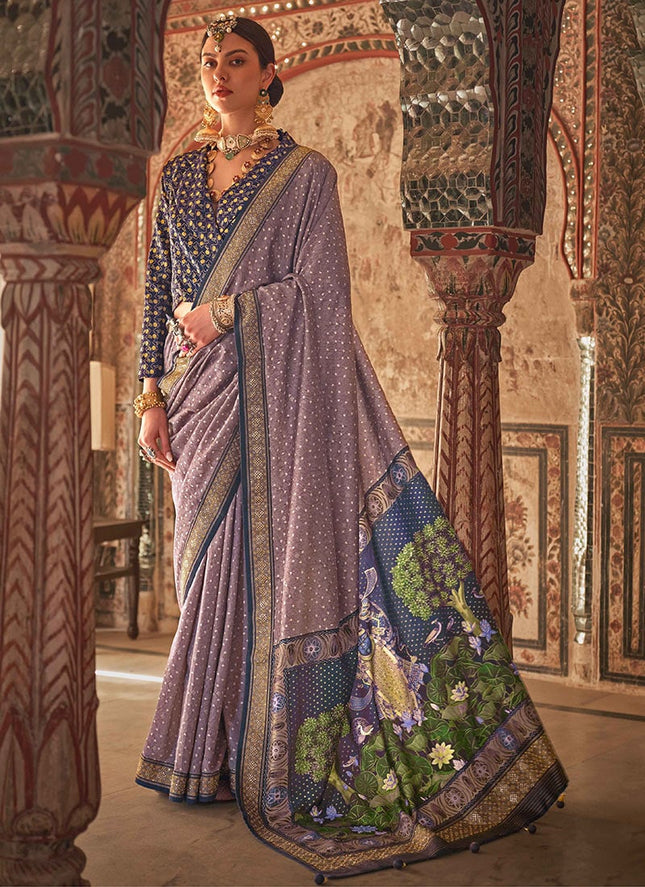 Ethnic Charm Lilac Viscose Silk Saree With Rajwadi Pattern Prints Festive Wear