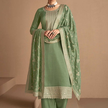 Green Tussar Silk Embroidered Palazzo Suit Party Wear