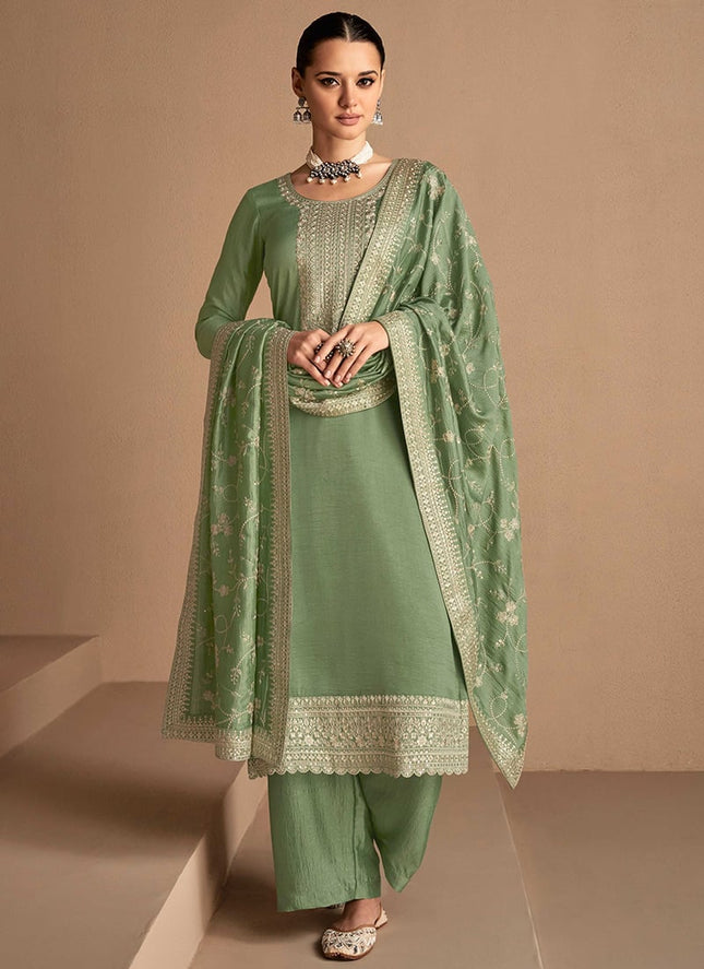Green Tussar Silk Embroidered Palazzo Suit Party Wear