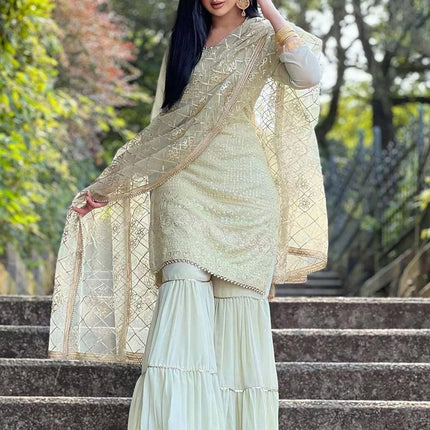 Pista Green Classic Sharara Suit Georgette Embroidered Foil Print Dupatta Party Wear