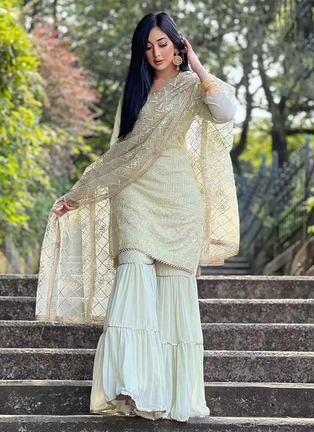 Pista Green Classic Sharara Suit Georgette Embroidered Foil Print Dupatta Party Wear