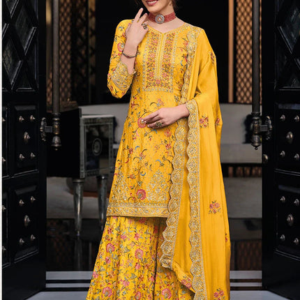Yellow Chinon Embroidered Palazzo Suit Party Wear