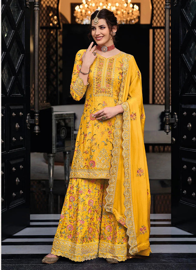 Yellow Chinon Embroidered Palazzo Suit Party Wear