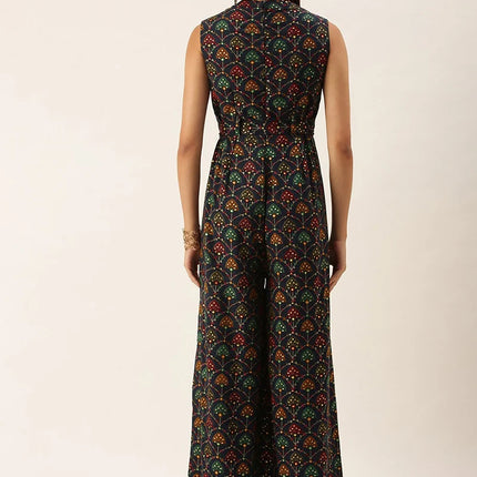 Blue Foil Print Rayon Collar Neck Jumpsuit After Six Wear