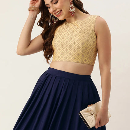 Navy Blue Rayon Pleated Skirt Festive Wear