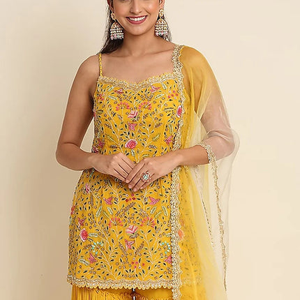 Georgette Embroidered Sequins Sharara Suit In Yellow For Women With Dupatta Party Wear