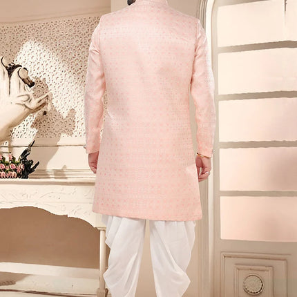 Pink Silk Jacquard Woven Classic Sherwani Dhoti Style Pants Wedding Wear