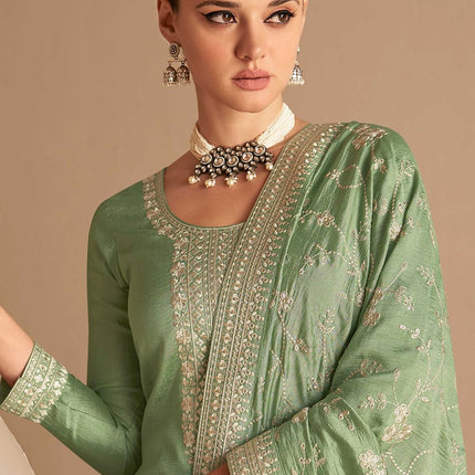 Green Tussar Silk Embroidered Palazzo Suit Party Wear