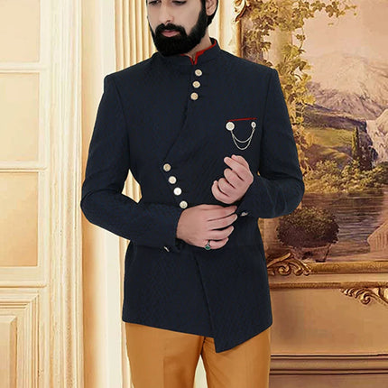 Navy Blue Jacquard Jodhpuri Suit