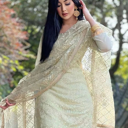 Pista Green Classic Sharara Suit Georgette Embroidered Foil Print Dupatta Party Wear