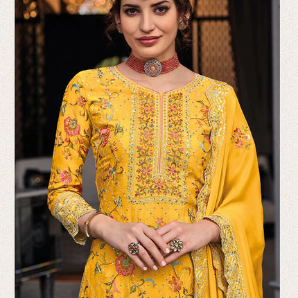 Yellow Chinon Embroidered Palazzo Suit Party Wear