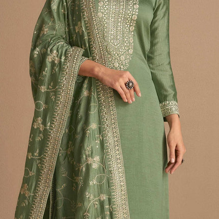 Green Tussar Silk Embroidered Palazzo Suit Party Wear