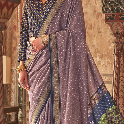Ethnic Charm Lilac Viscose Silk Saree With Rajwadi Pattern Prints Festive Wear