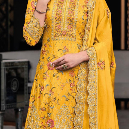 Yellow Chinon Embroidered Palazzo Suit Party Wear