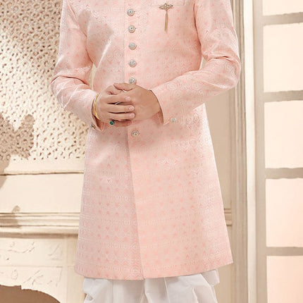 Pink Silk Jacquard Woven Classic Sherwani Dhoti Style Pants Wedding Wear