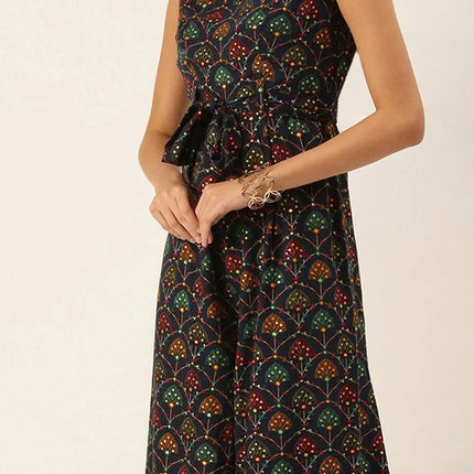 Blue Foil Print Rayon Collar Neck Jumpsuit After Six Wear