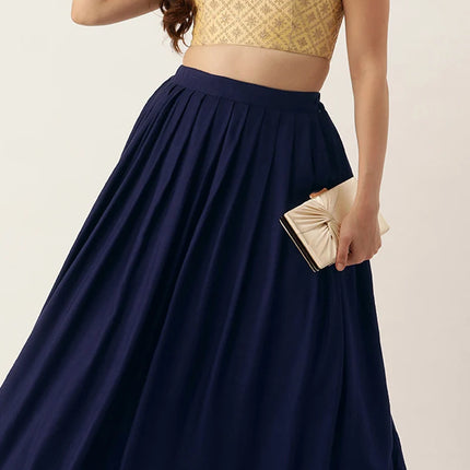 Navy Blue Rayon Pleated Skirt Festive Wear