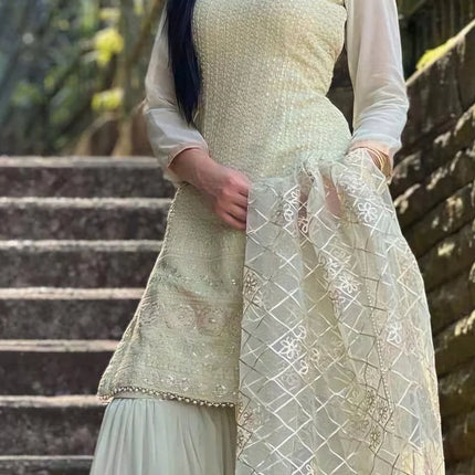 Pista Green Classic Sharara Suit Georgette Embroidered Foil Print Dupatta Party Wear