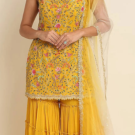 Georgette Embroidered Sequins Sharara Suit In Yellow For Women With Dupatta Party Wear